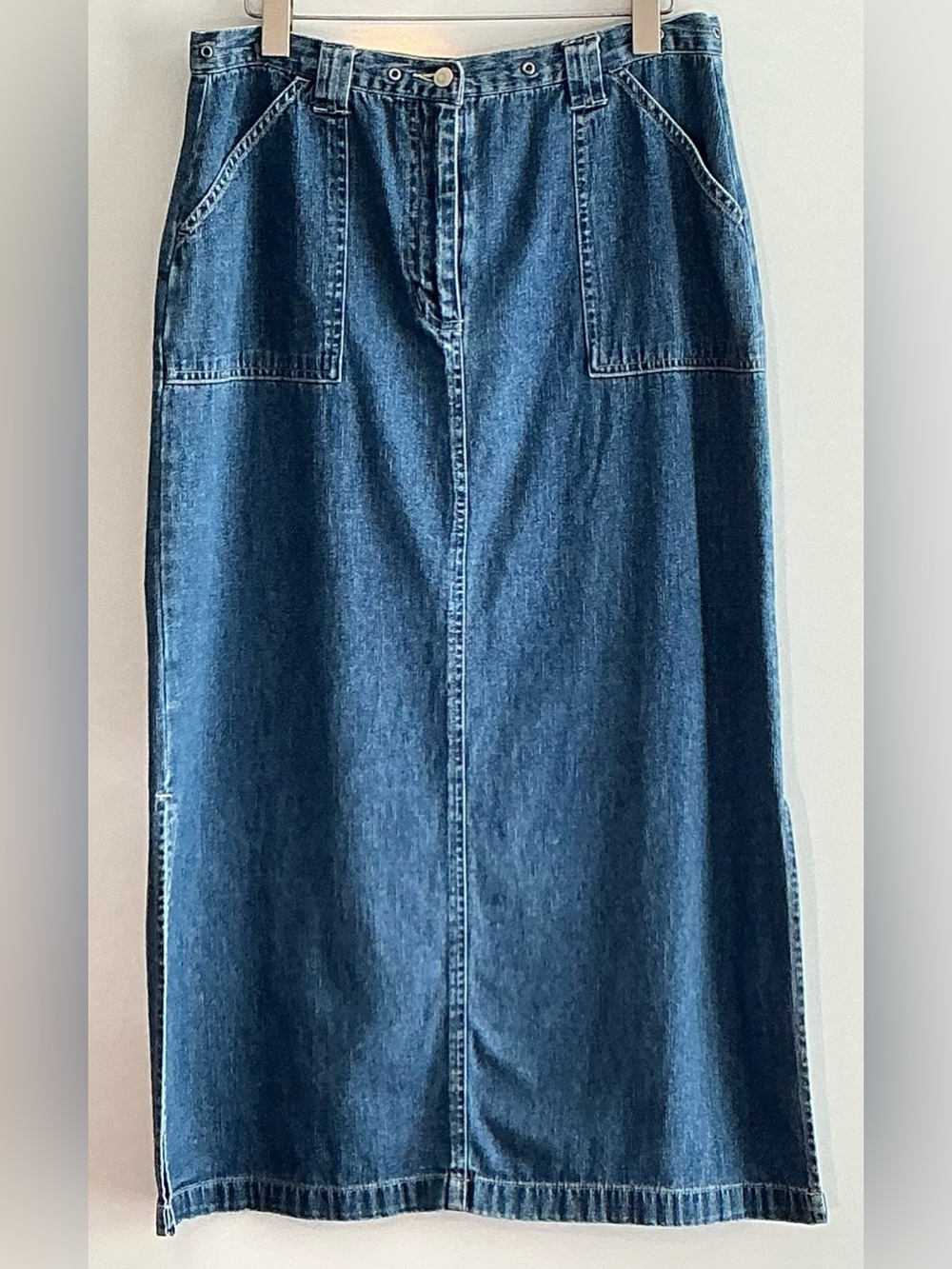 Original TY Wear Denim Maxi Skirt 12P Blue Utility Pockets Side Slit Y2K Cotton
